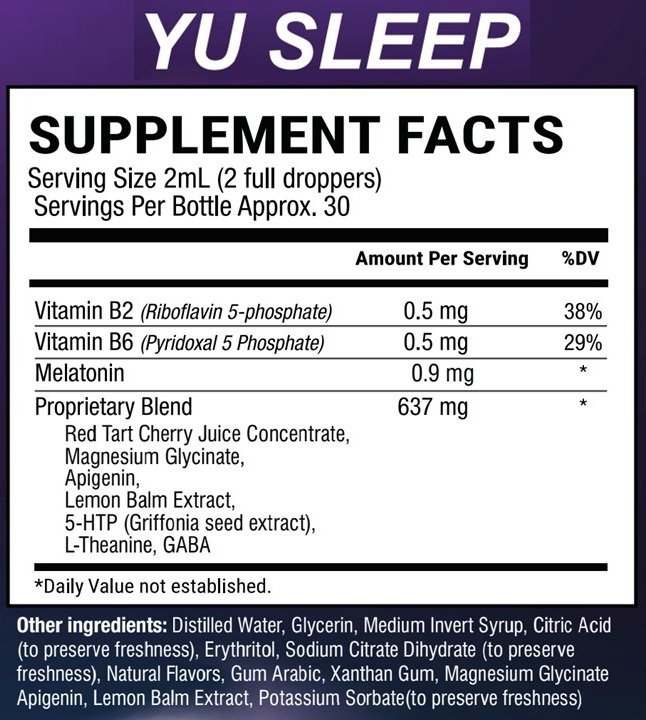 Yu Sleep Supplement Facts label showing ingredients and amounts per serving